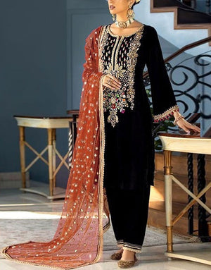 Glamorous Handwork & Heavy Embroidered Black Velvet Wedding Dress 
