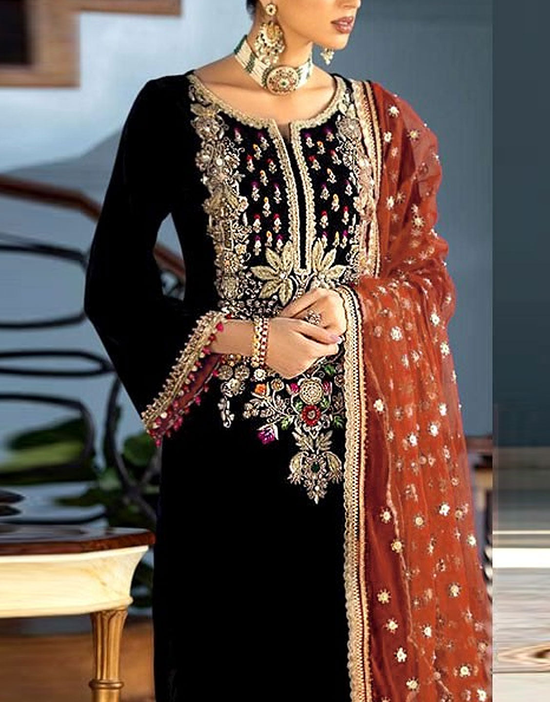 Glamorous Handwork & Heavy Embroidered Black Velvet Wedding Dress