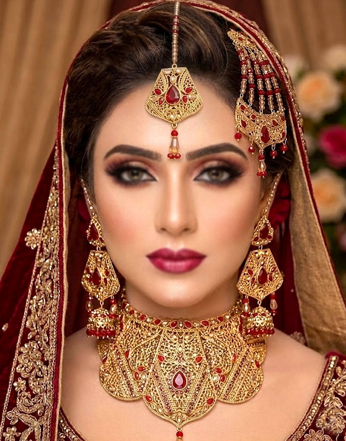 Bridal Collar Choker Jewellery Set with Earrings, Jhumar and Maang Teeka