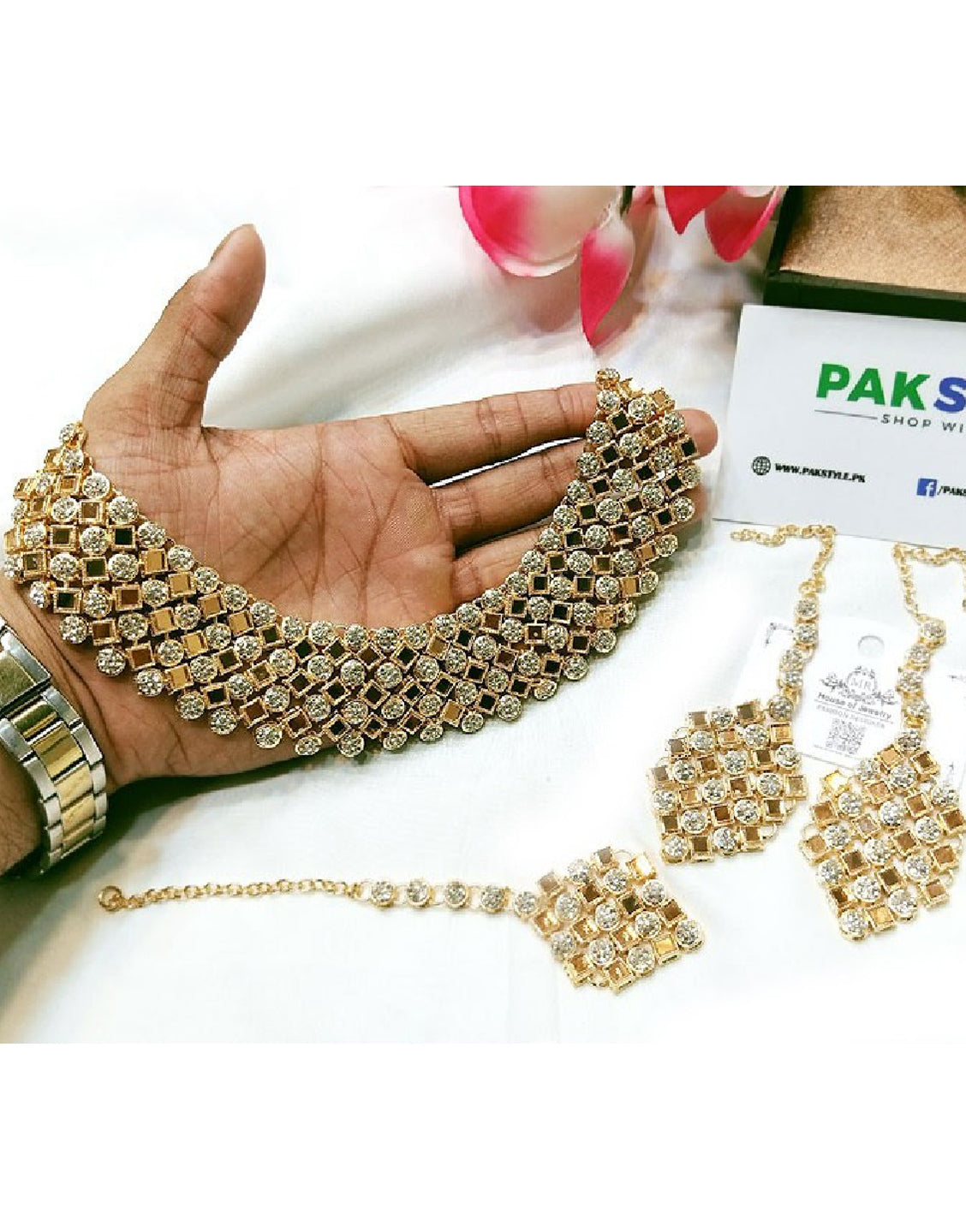 Elegant Golden Bridal Jewelry Set with Earrings & Tikka