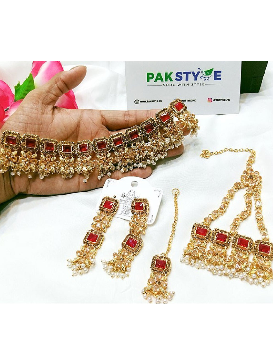 Bridal Maroon Stones Necklace Set with Earrings, Jhumar and Maang Teeka