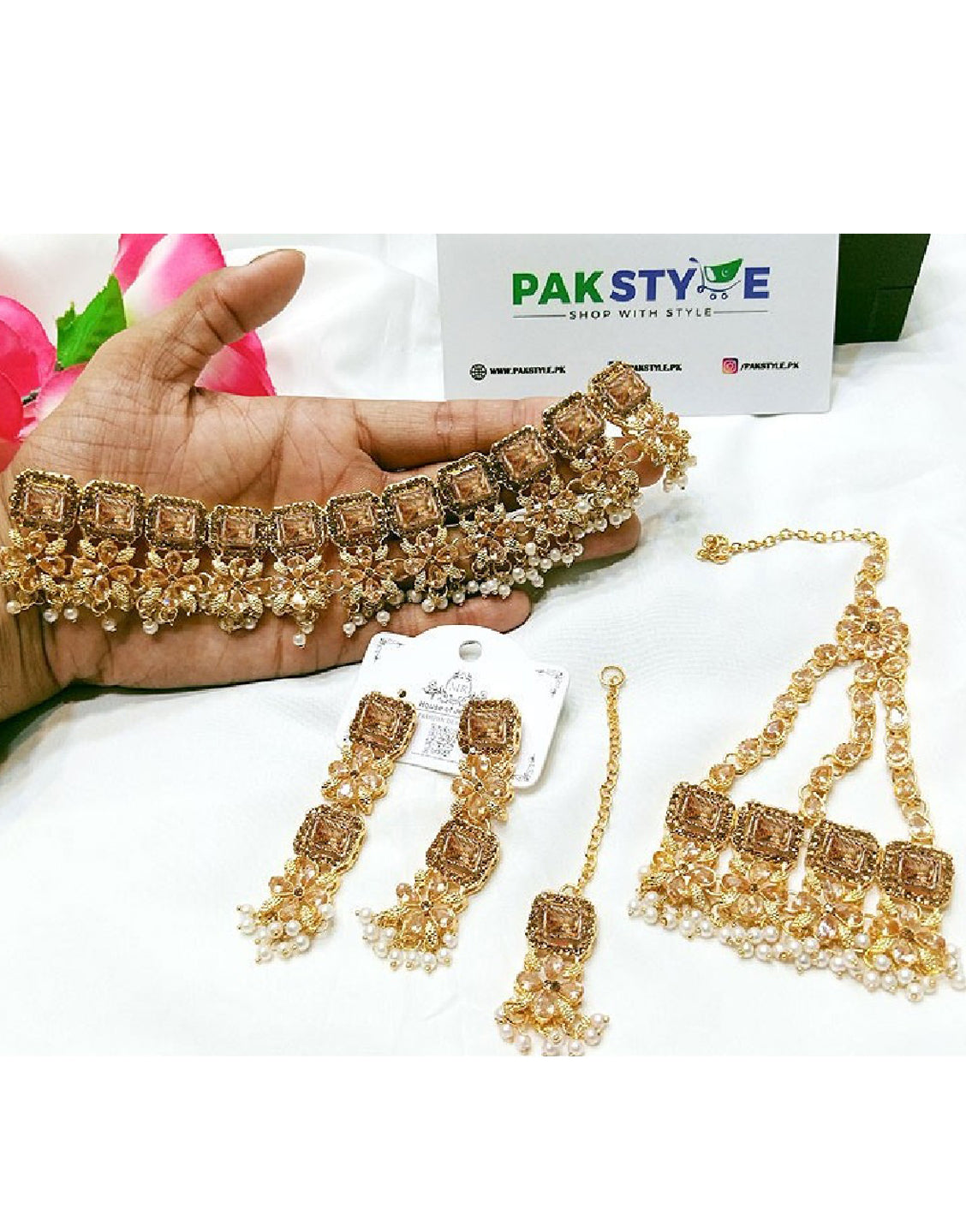 Bridal Champagne Stones Necklace Set with Earrings, Jhumar and Maang Teeka