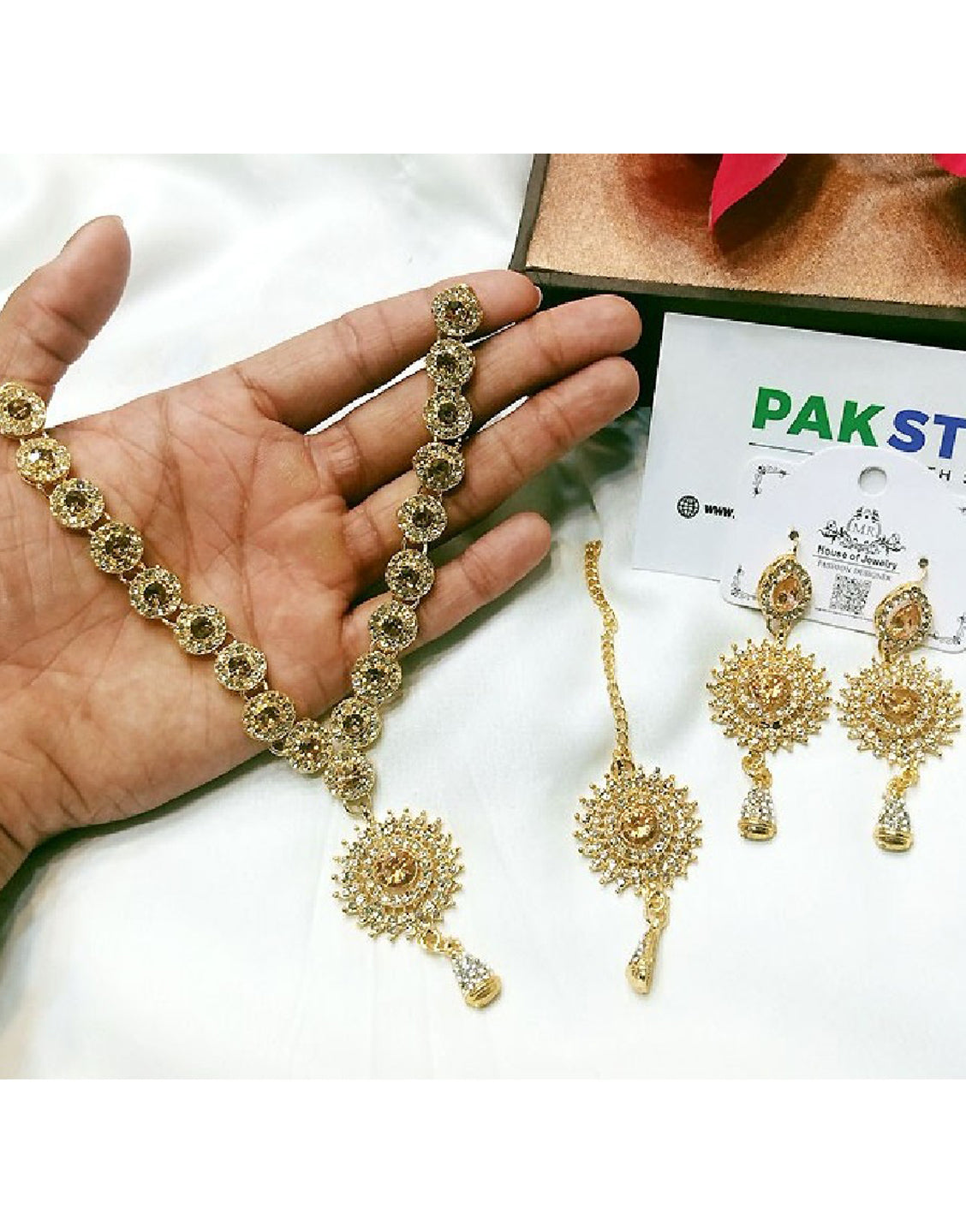 Elegant Champagne Stone Jewelry Set with Earrings & Tikka - Out of Stock
