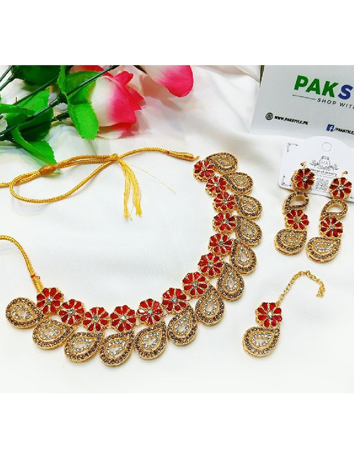 Indian Style Zircon Studded Party Wear Jewellery Set with Earrings & Tikka