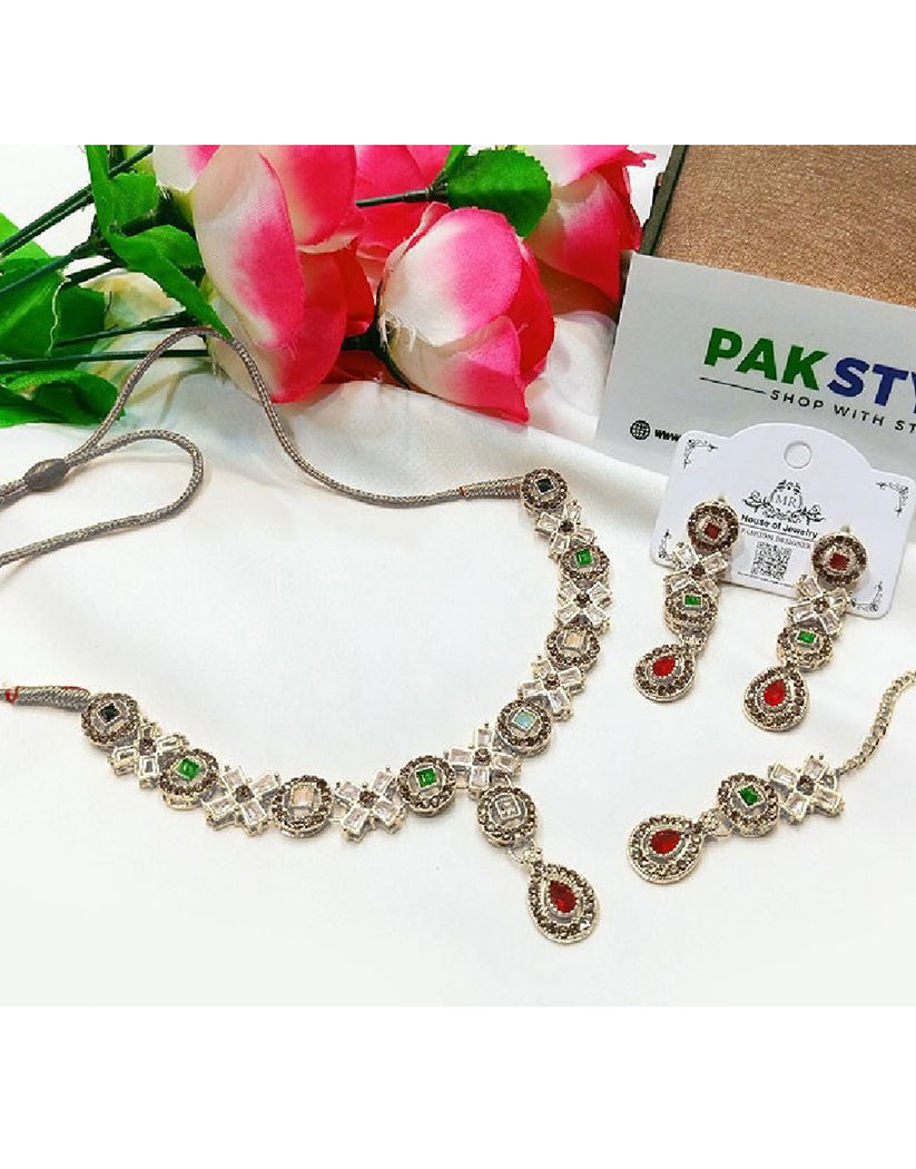 Indian Style Zircon Studded Party Wear Jewellery Set (DZ16787)