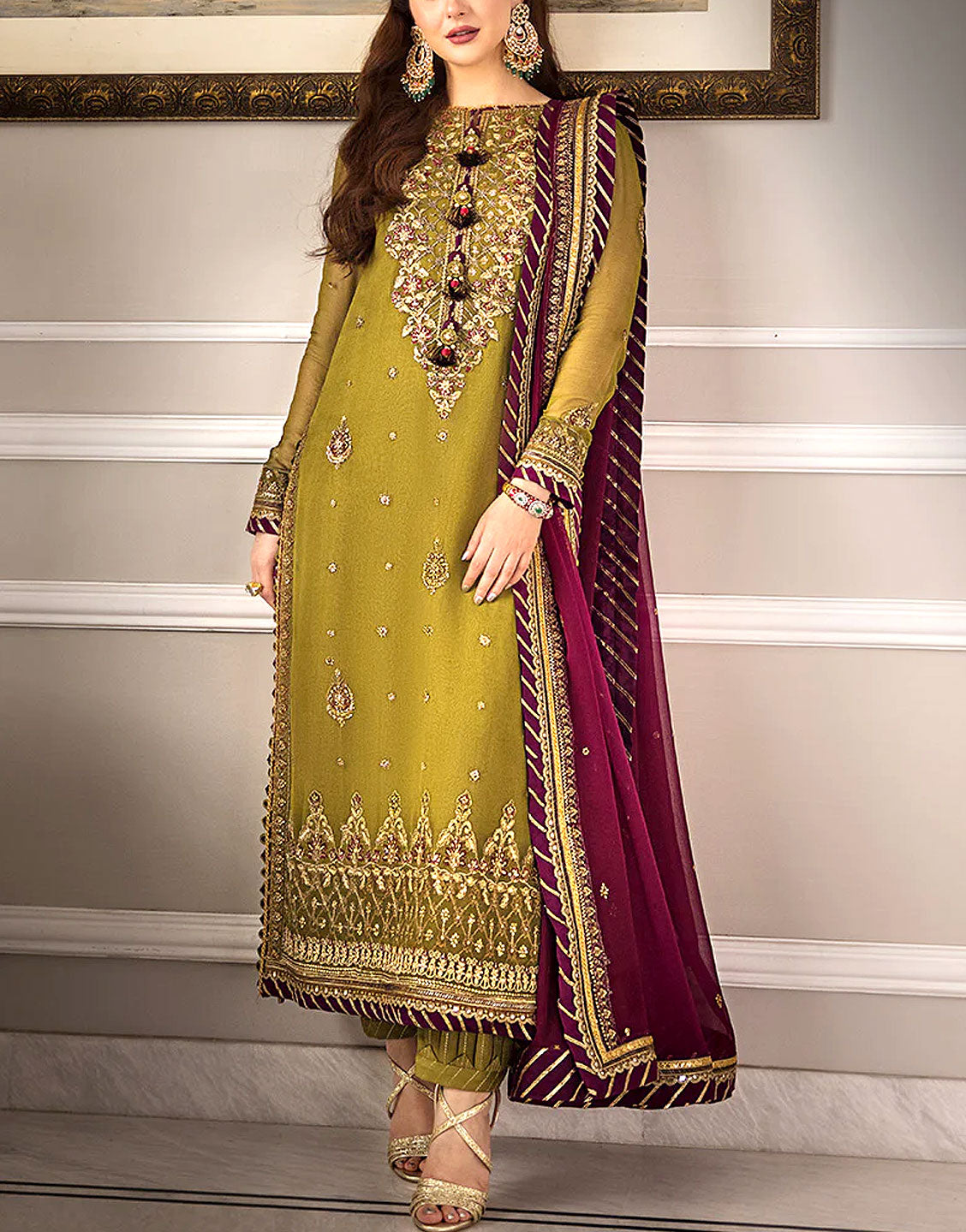 Heavy Embroidered Chiffon Mehndi Dress 