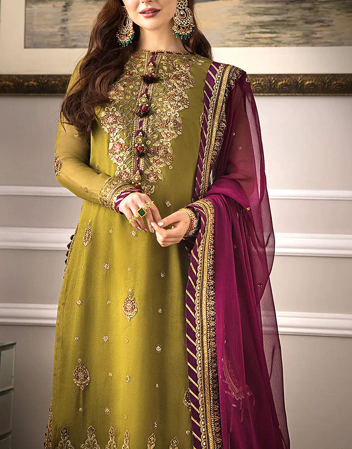 Heavy Embroidered Chiffon Mehndi Dress