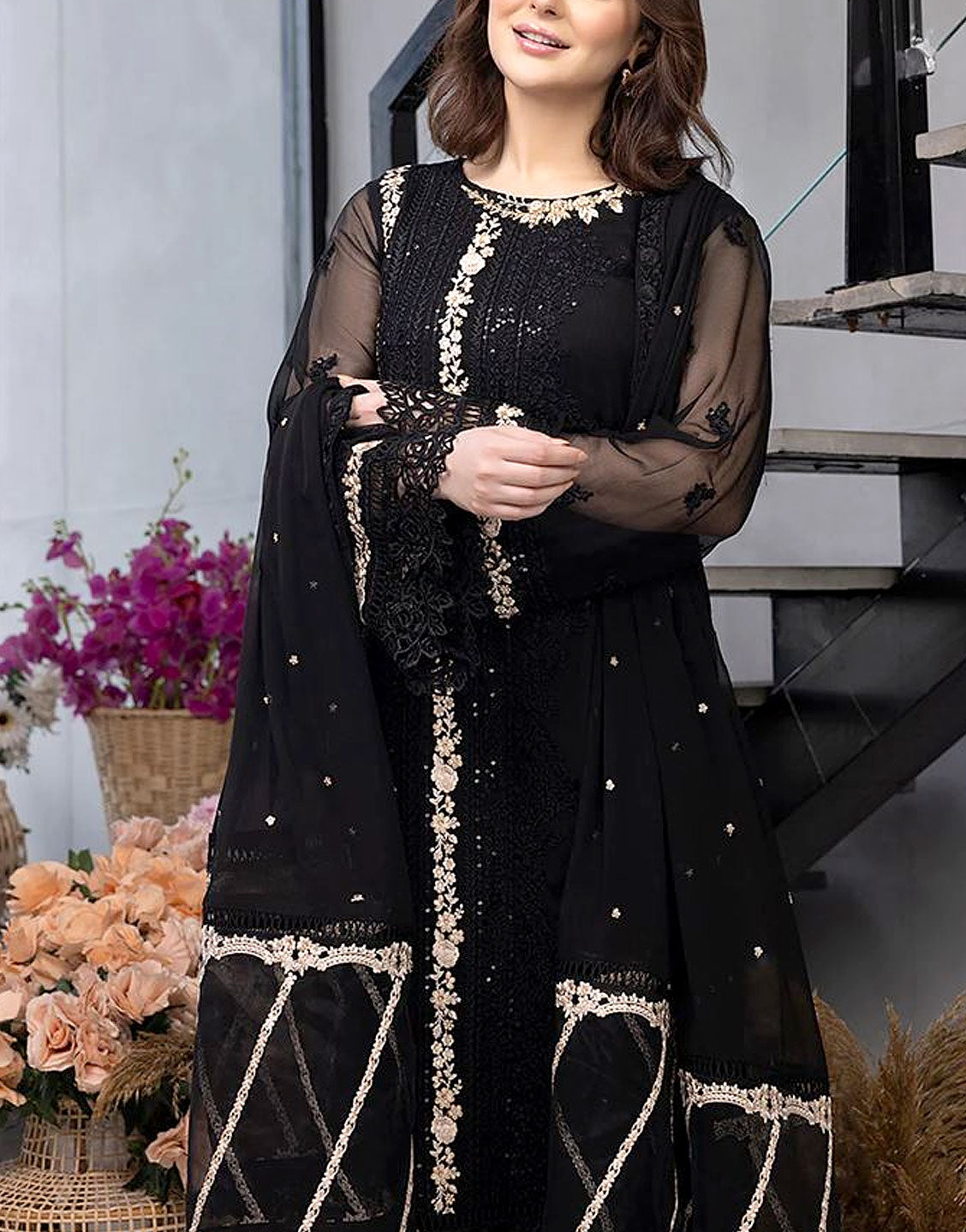Heavy Embroidered Black Chiffon Wedding Dress with Inner