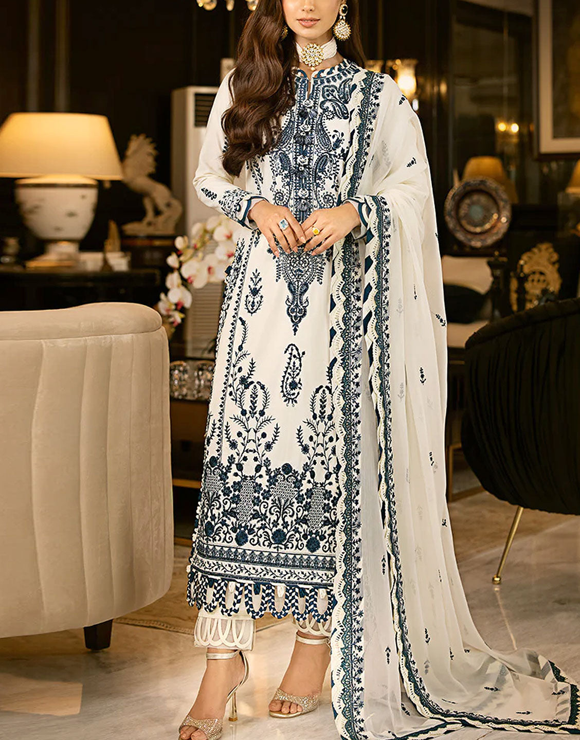 Heavy Embroidered White Chiffon Party Wear Dress