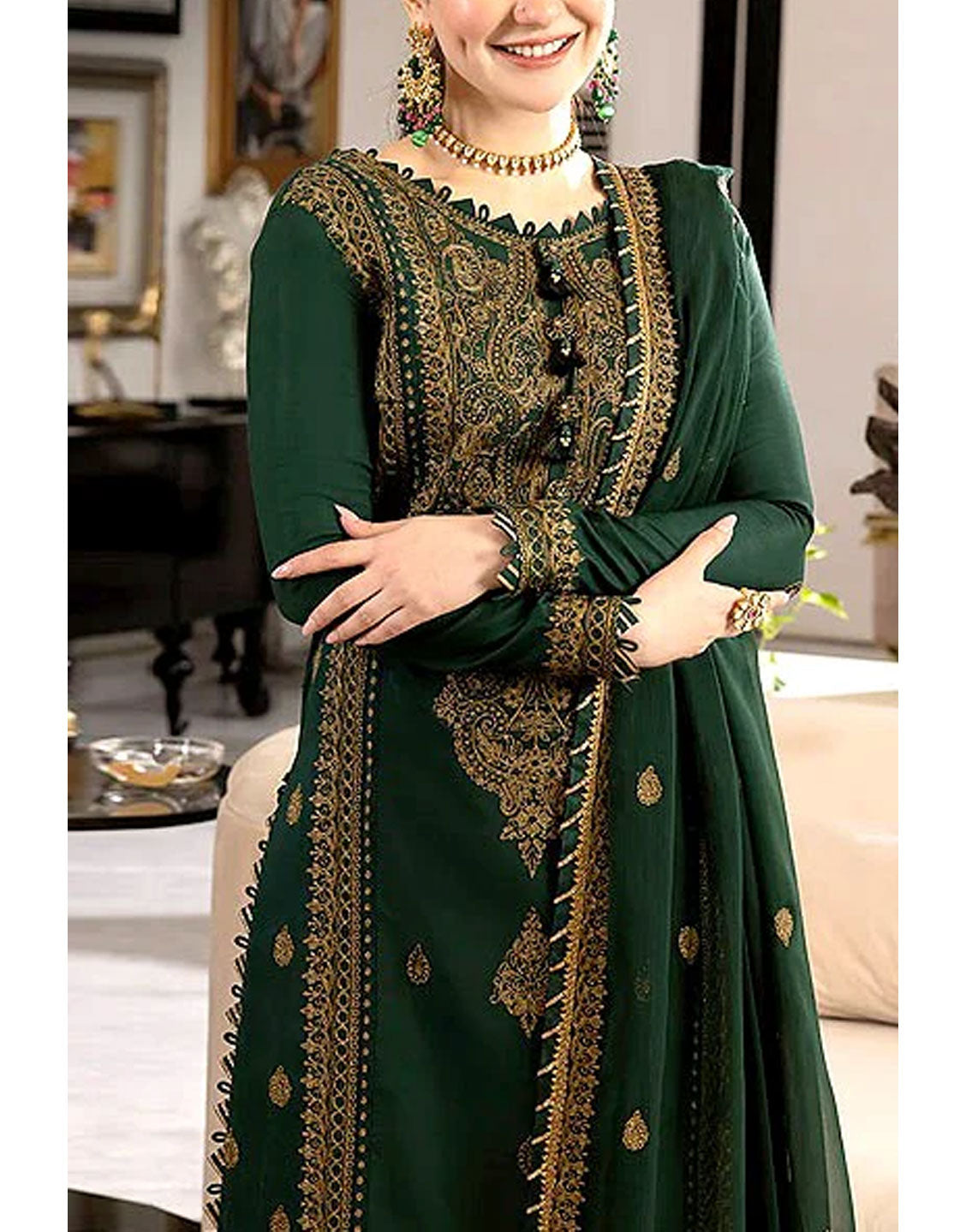 Heavy Embroidered Bottle Green Chiffon Wedding Dress