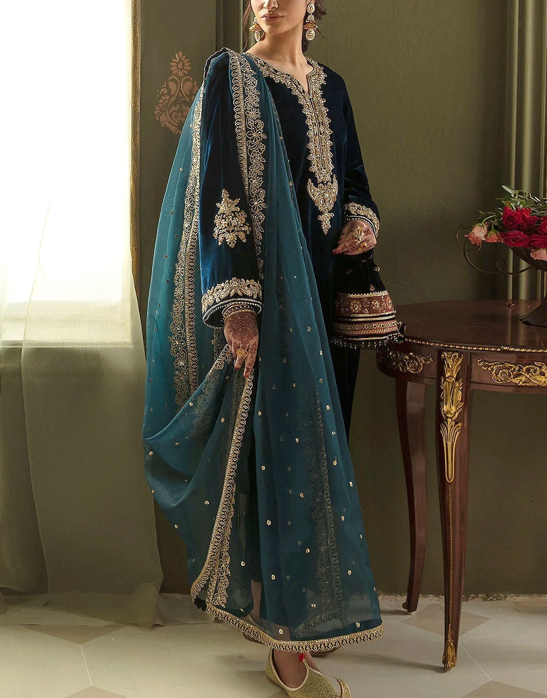 Heavy Handwork & Embroidered Velvet Wedding Dress - Out of Stock