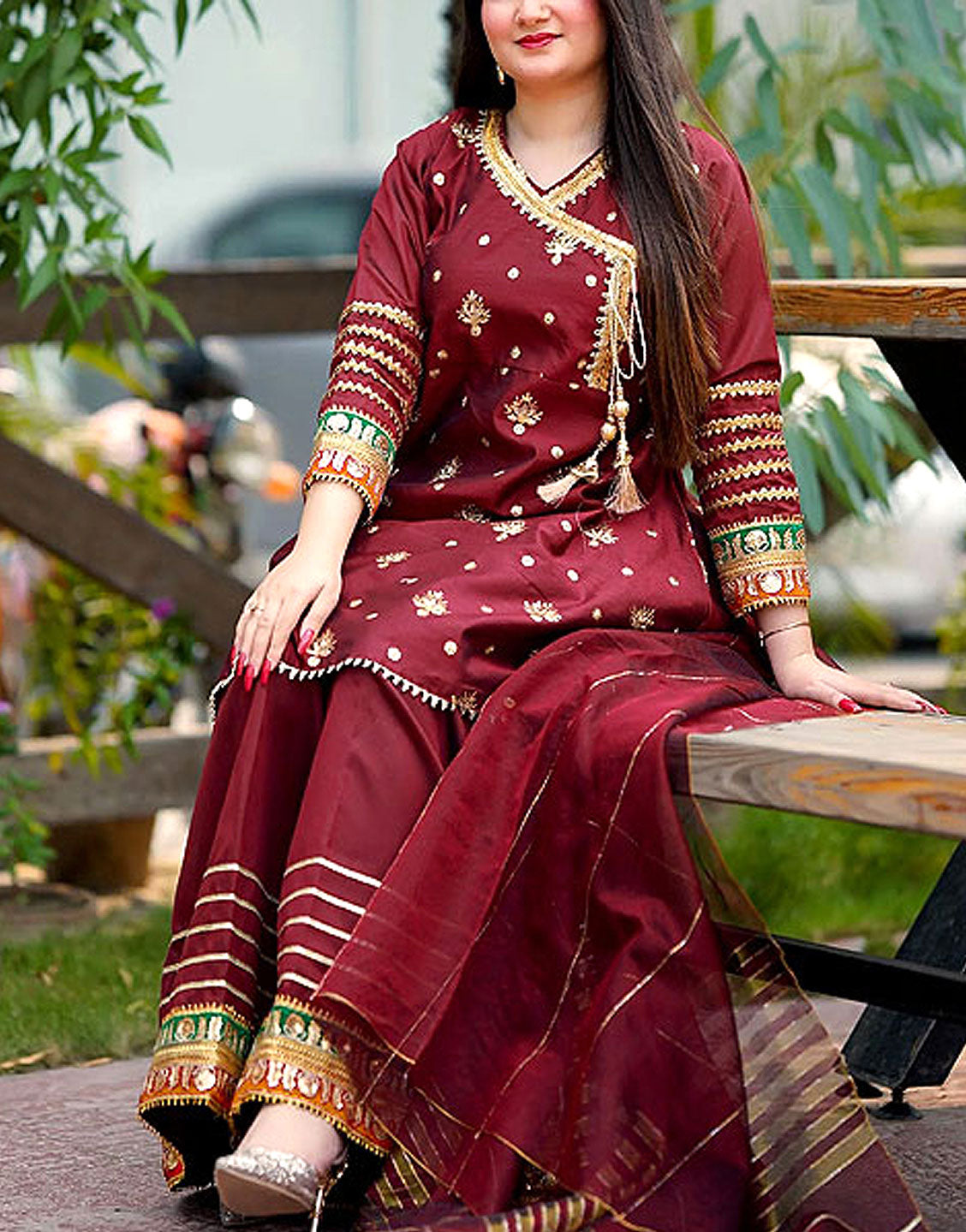 Ready-to-Wear Angrakha Style Embroidered Raw Silk Party Wear Dress