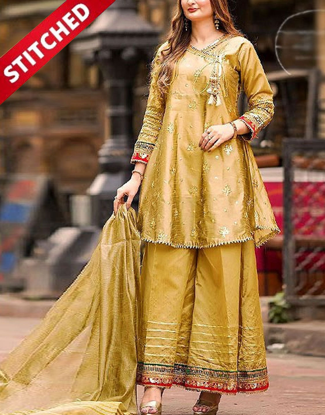 Ready-to-Wear Angrakha Style Embroidered Raw Silk Party Wear Dress 