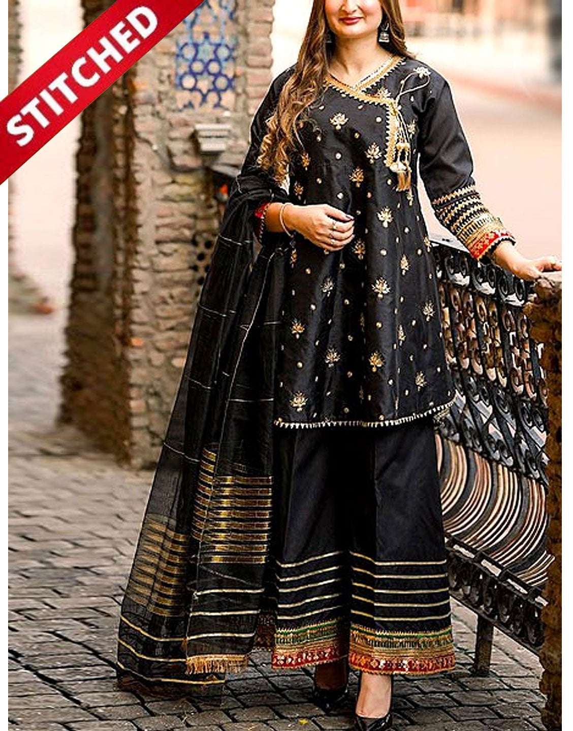 Ready-to-Wear Angrakha Style Embroidered Raw Silk Party Wear Dress 