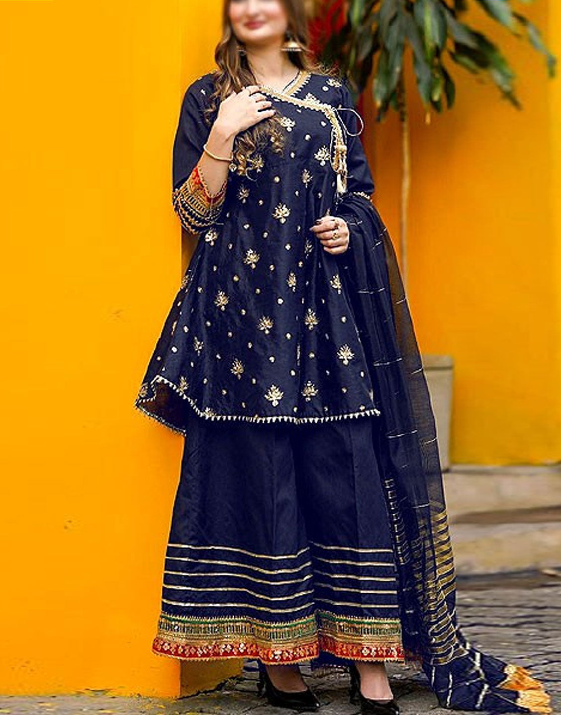Ready-to-Wear Angrakha Style Embroidered Raw Silk Party Wear Dress - Out of Stock