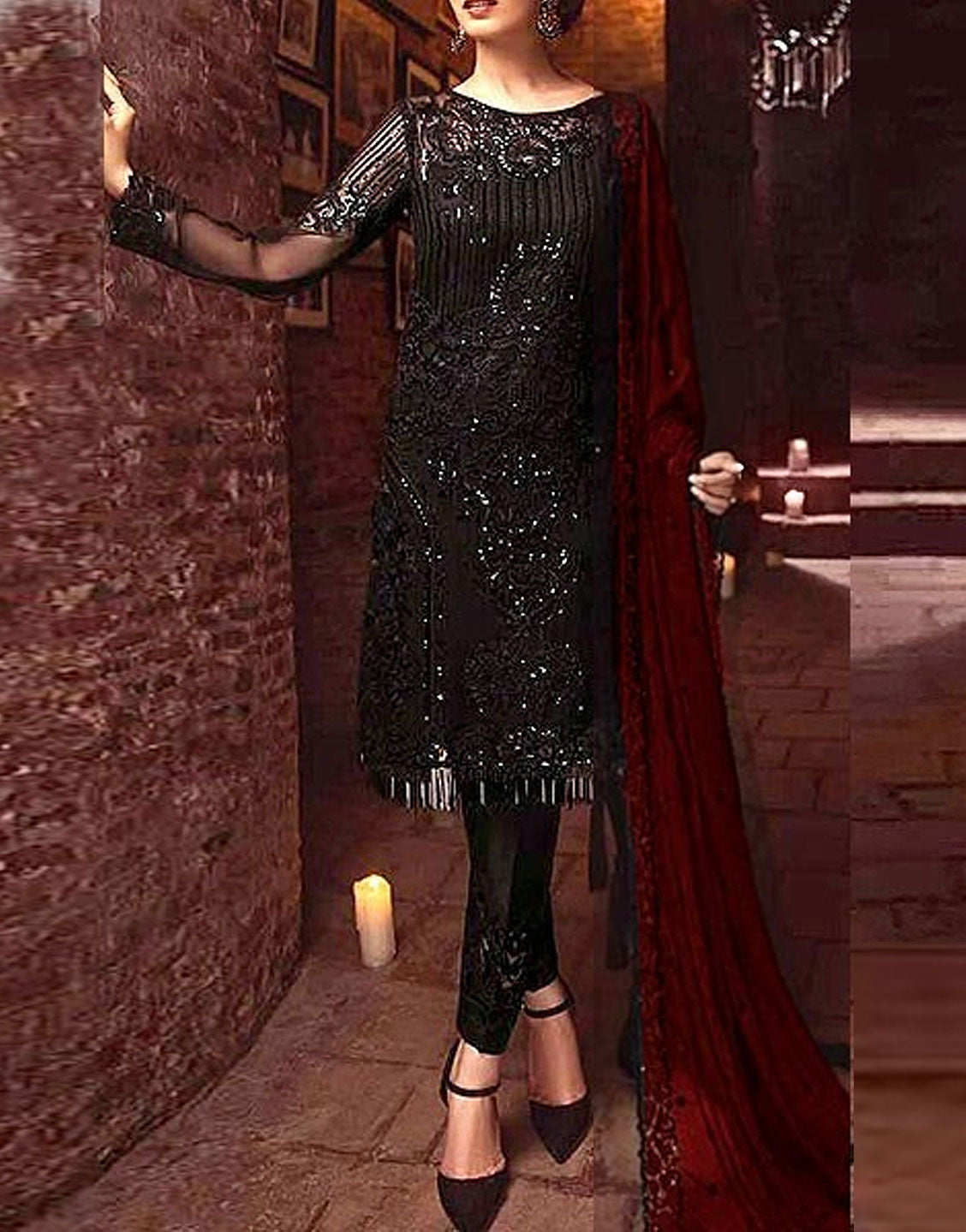 Elegant Sequins Embroidered Black Chiffon Party Dress