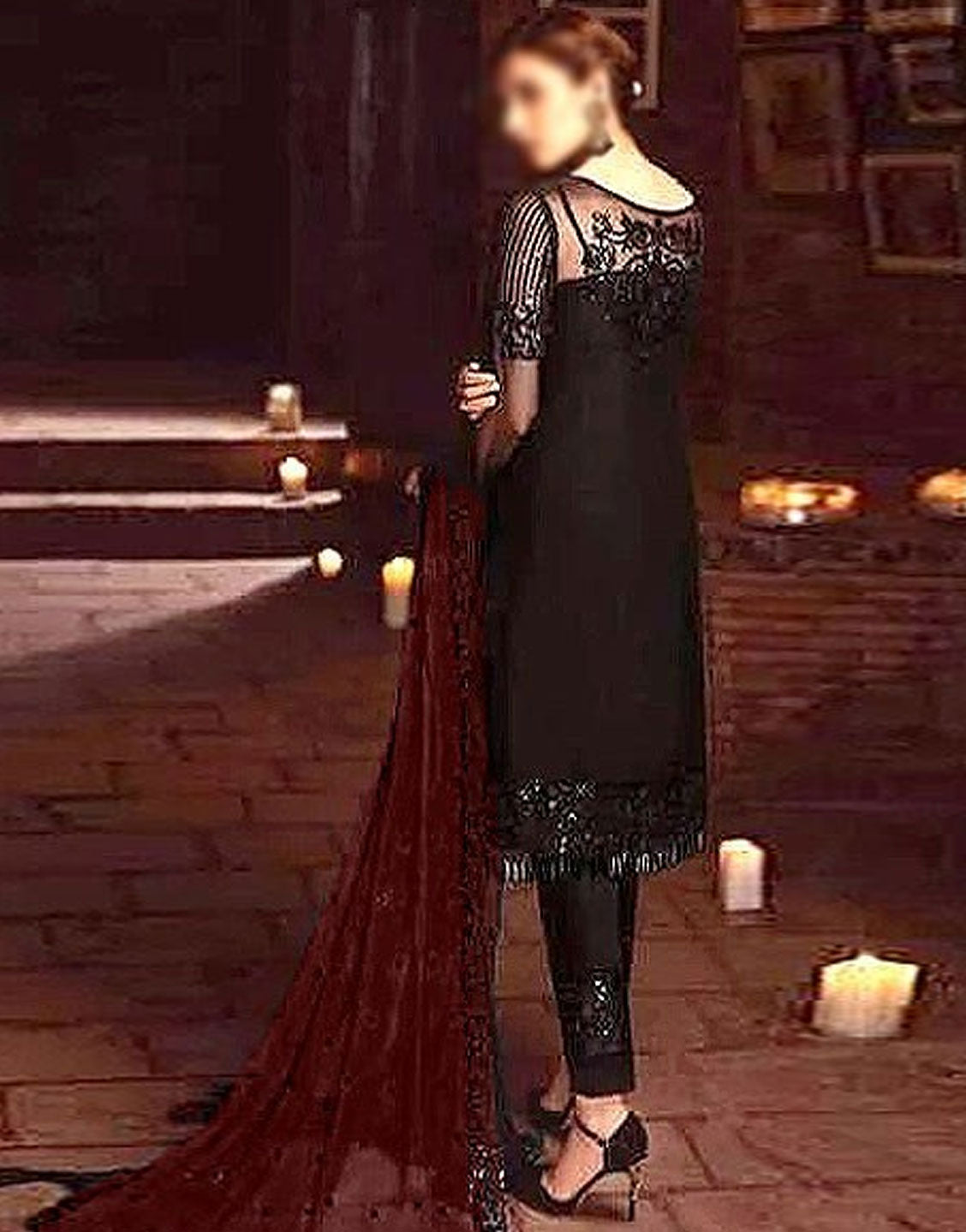 Elegant Sequins Embroidered Black Chiffon Party Wear Dress
