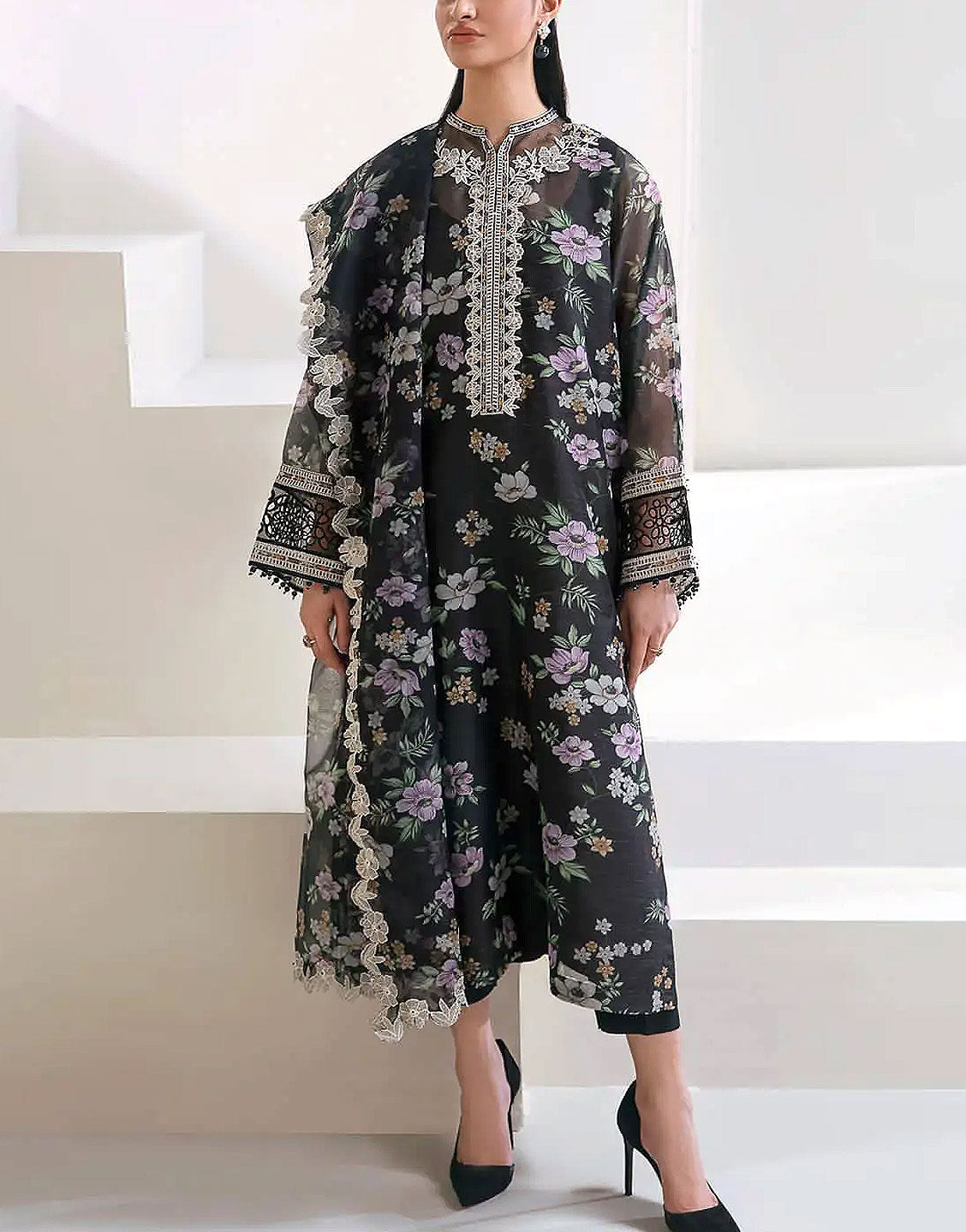 Embroidered Cotton Net Dress with Organza Dupatta 2024