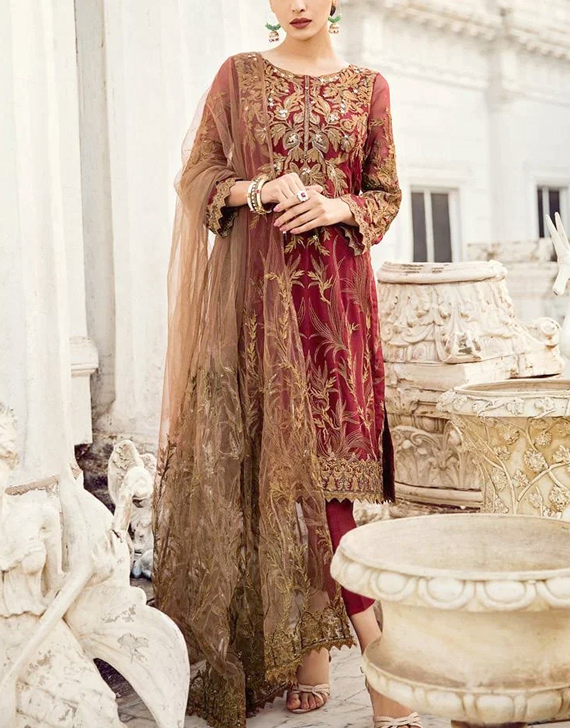 Luxury Heavy Embroidered Chiffon Wedding Dress with Net Dupatta