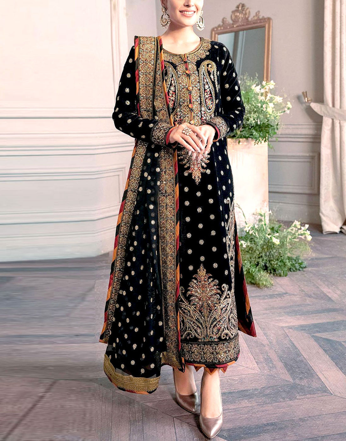 Prestige Heavy Embroidered Black Bridal Velvet Dress for Party