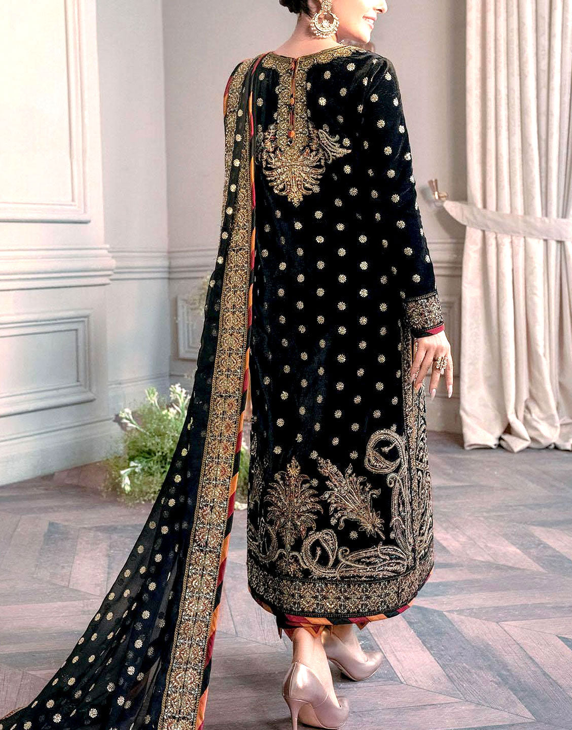 Luxury Heavy Embroidered Black Velvet Wedding Dress