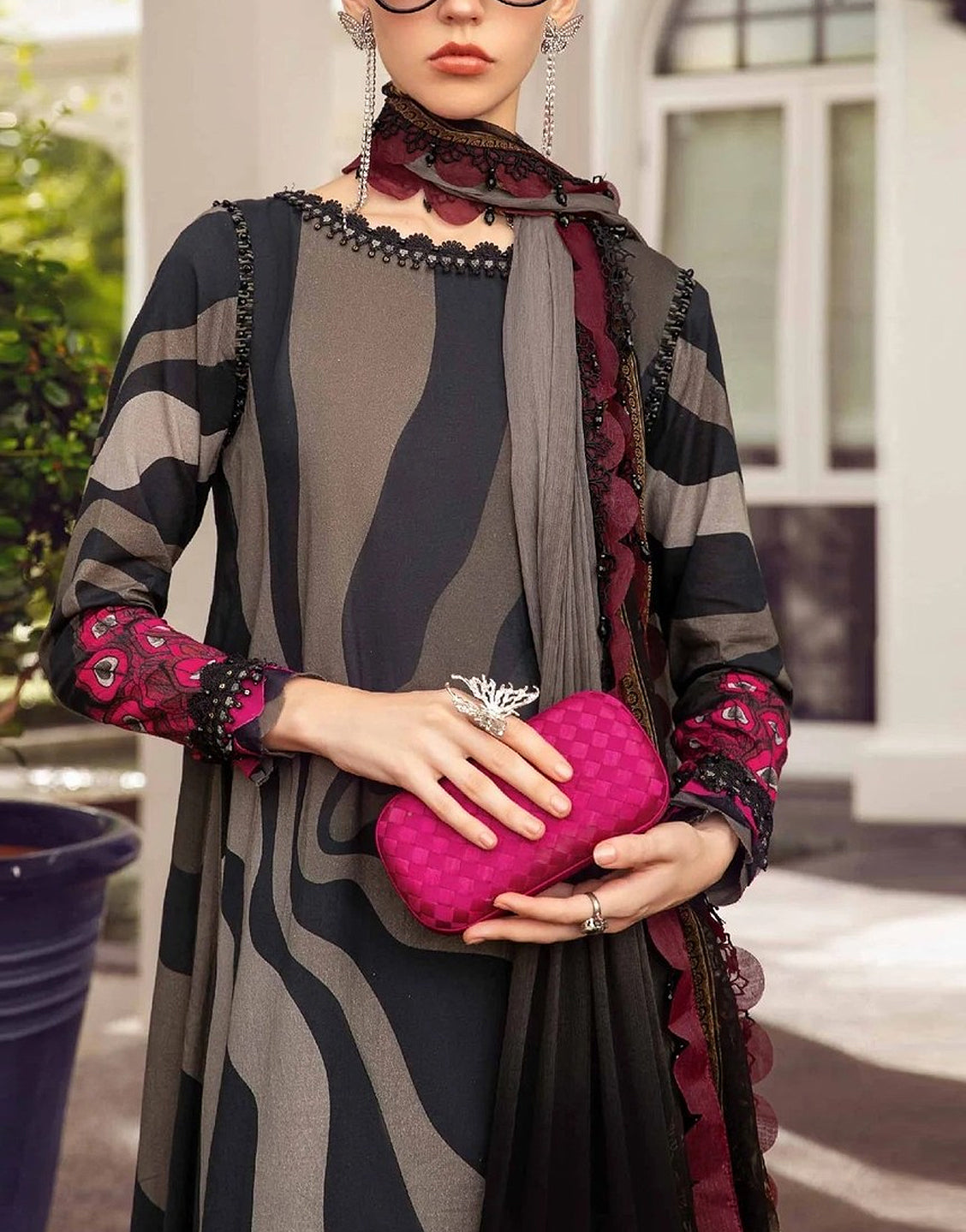 Digital Print Embroidered Swiss Lawn Dress with Silk Dupatta
