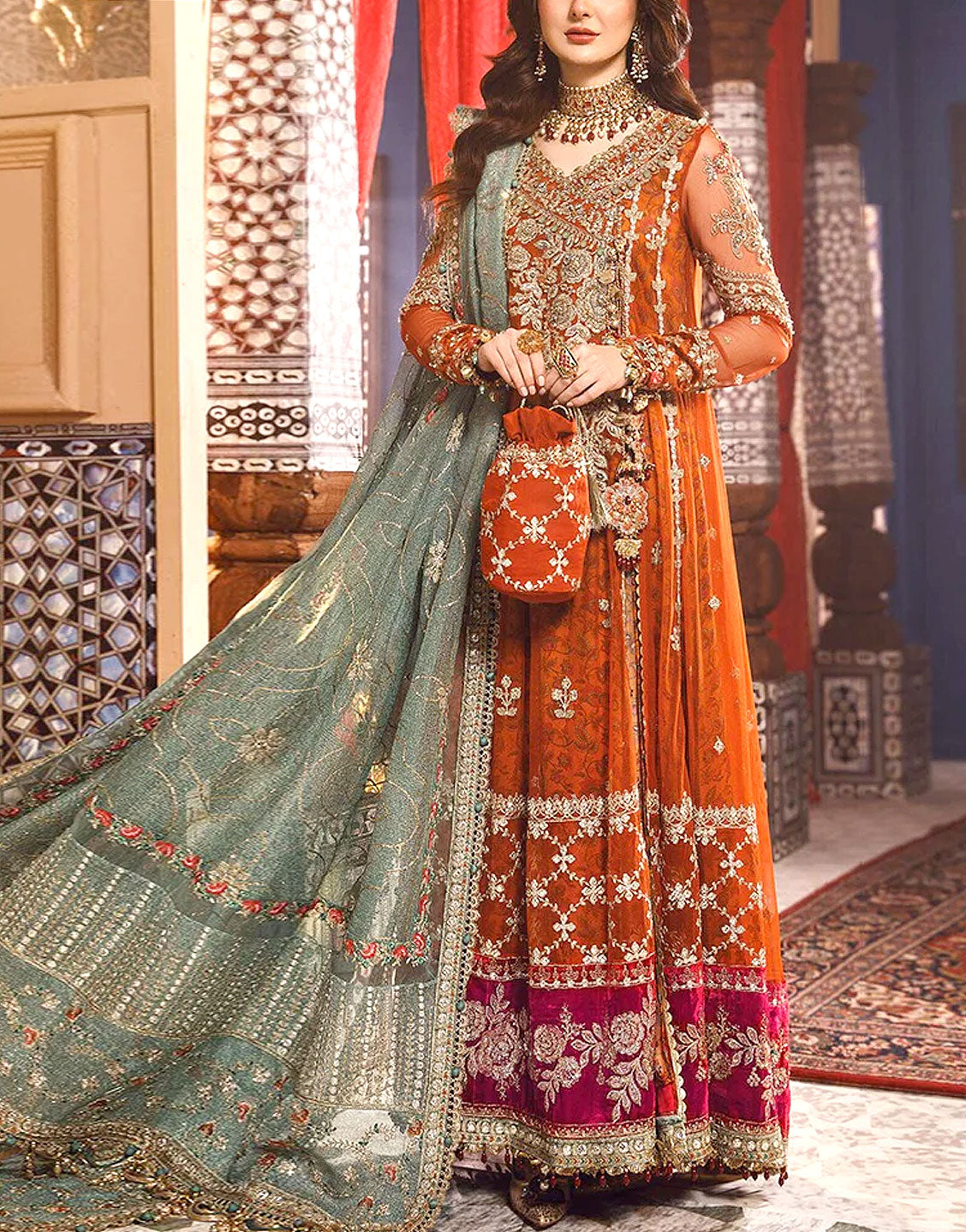 Luxury Handwork Heavy Embroidered Net Bridal Maxi Dress
