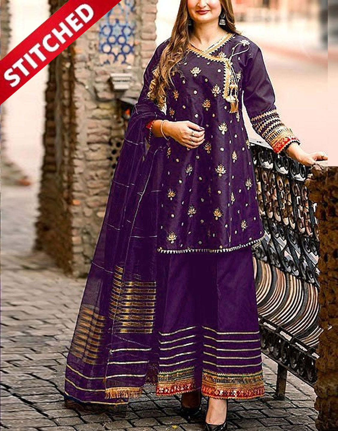 Ready-to-Wear Angrakha Style Embroidered Raw Silk Party Wear Dress 