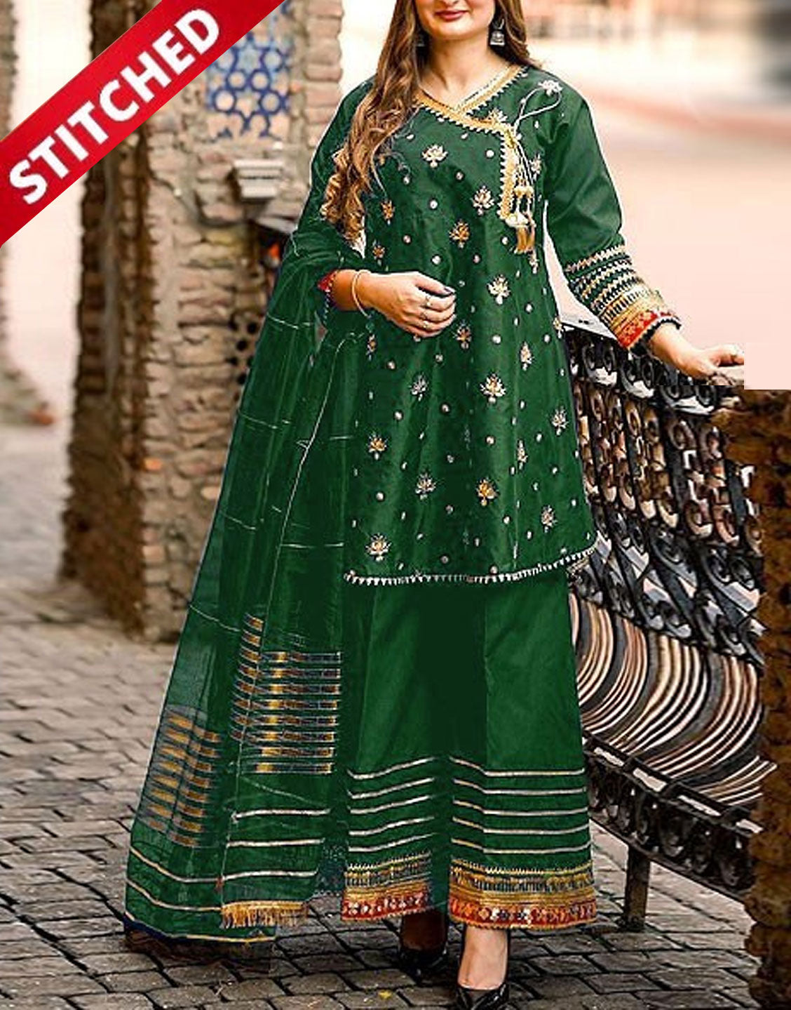 Ready-to-Wear Angrakha Style Embroidered Raw Silk Party Wear Dress 