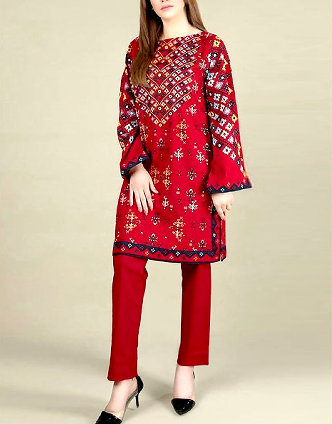 Elegant 2-Piece Embroidered Red Lawn Dress 2024