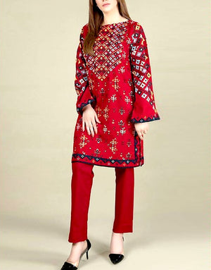 Elegant 2-Piece Embroidered Red Lawn Dress 2024