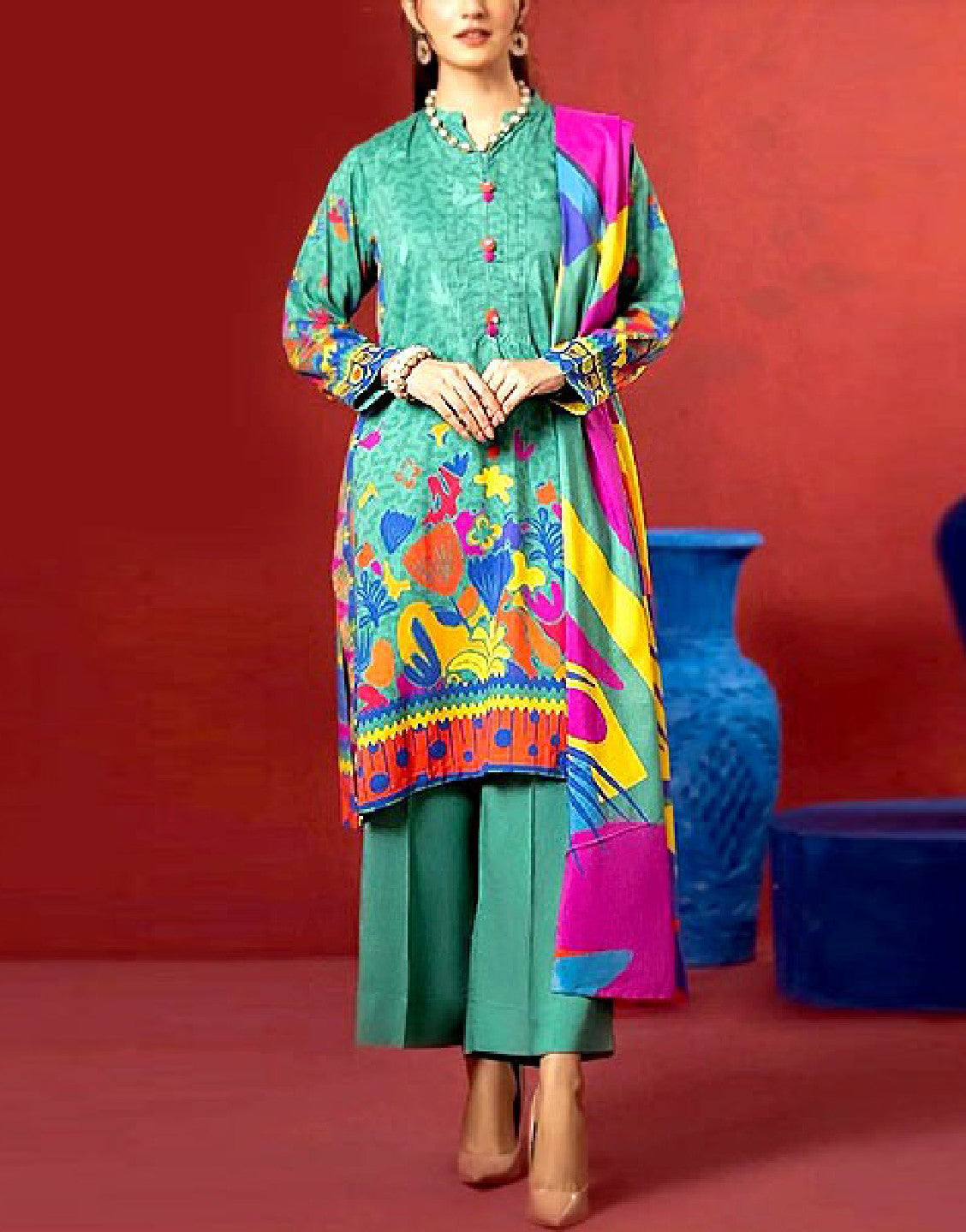 Digital Print Lawn Dress  with Diamond Voil Dupatta