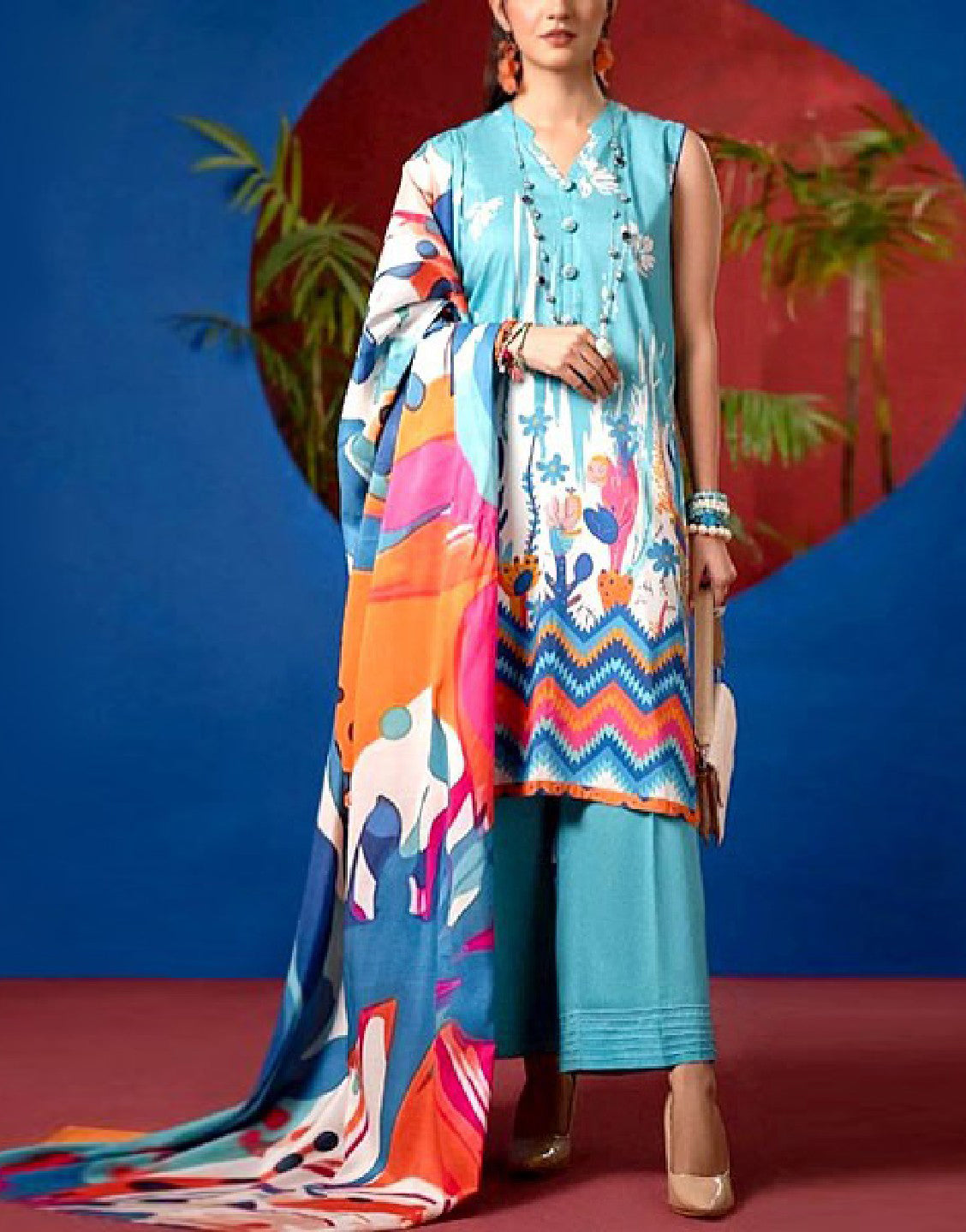 Digital Print Lawn Suit  with Diamond Voil Dupatta