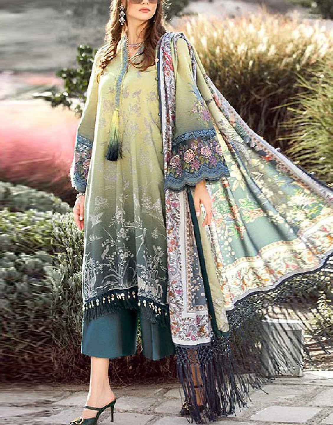 Elegant Embroidered Lawn Dress  with Digital Print Silk Dupatta