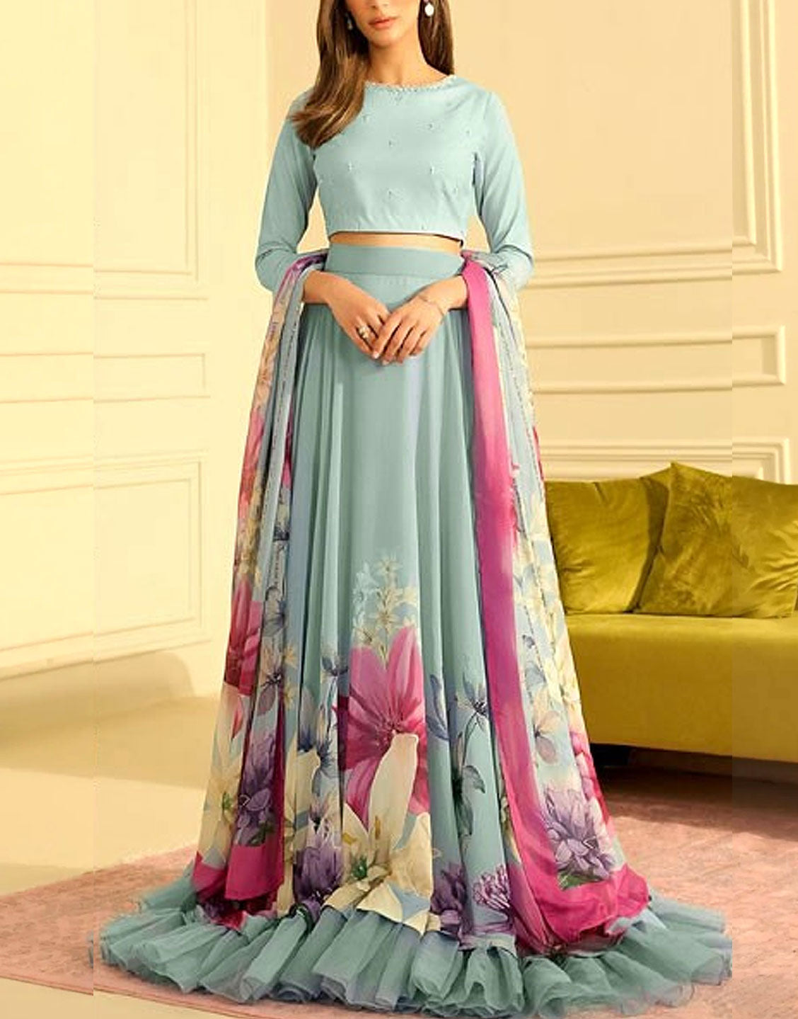 Digital Floral Print Silk Maxi Dress  with Printed Silk Dupatta