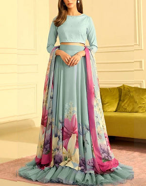 Digital Floral Print Silk Maxi Dress  with Printed Silk Dupatta