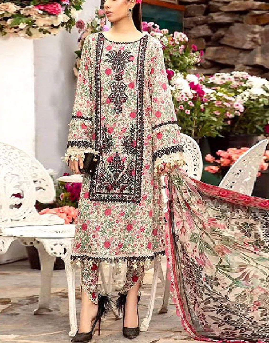 All-Over Print Embroidered Lawn Dress 2024 with Chiffon Dupatta
