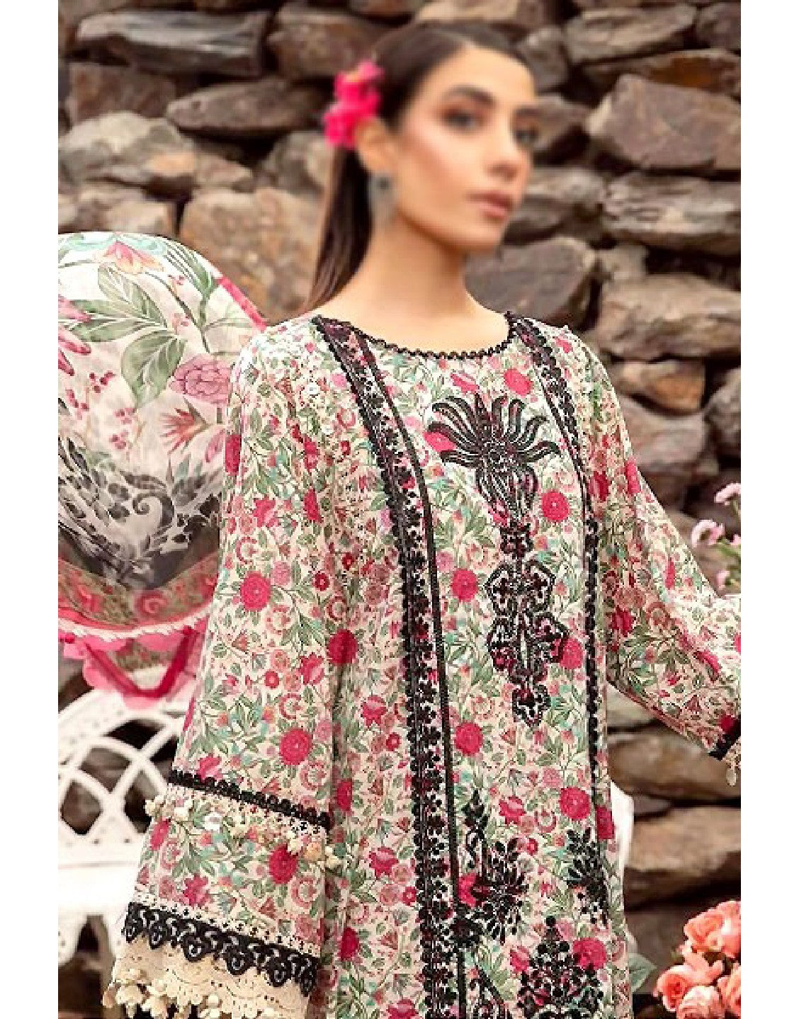 All-Over Print Embroidered Lawn Dress with Chiffon Dupatta - Out of Stock