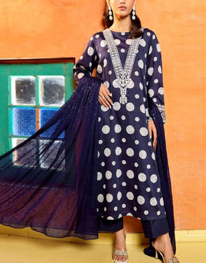 Polka-Dot Print Embroidered Lawn Dress  with Chiffon Dupatta