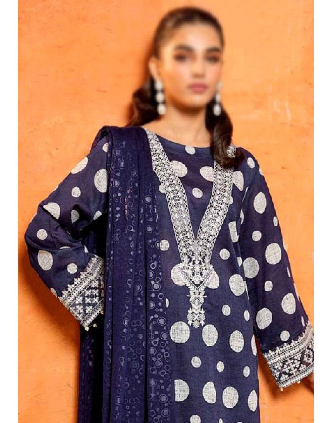 Polka-Dot Print Embroidered Lawn Dress with Chiffon Dupatta