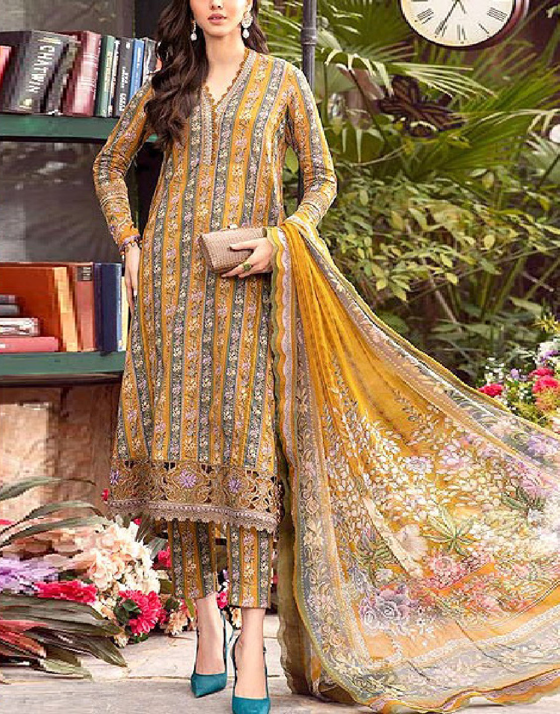 All-Over Print Embroidered Lawn Dress  with Chiffon Dupatta