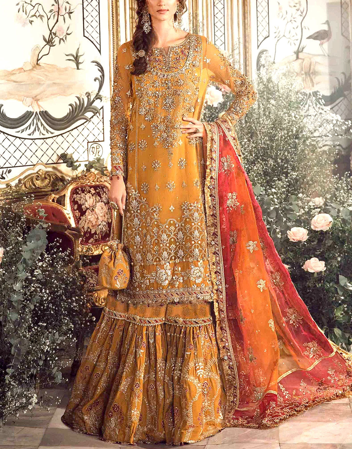 Luxury Handwork Heavy Embroidered Chiffon Bridal Dress 2024
