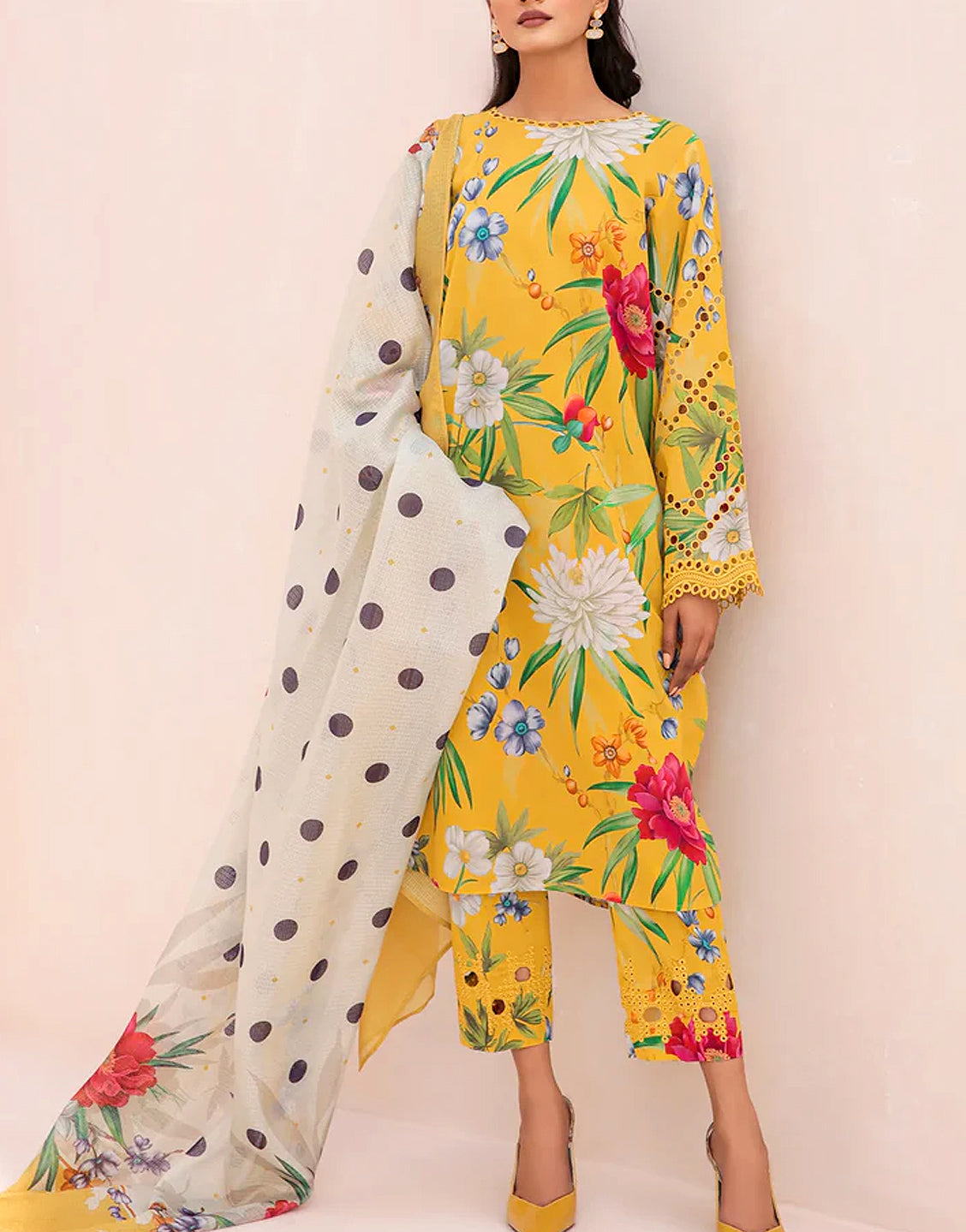 Digital Print Embroidered Swiss Lawn Dress  with Silk Dupatta