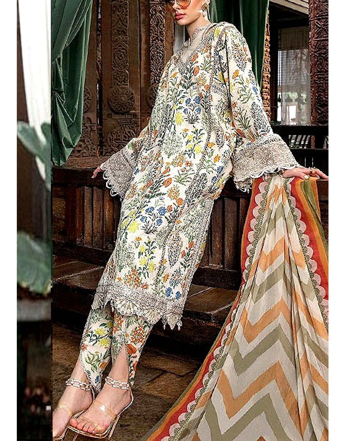 All-Over Print Embroidered Lawn Dress  with Chiffon Dupatta