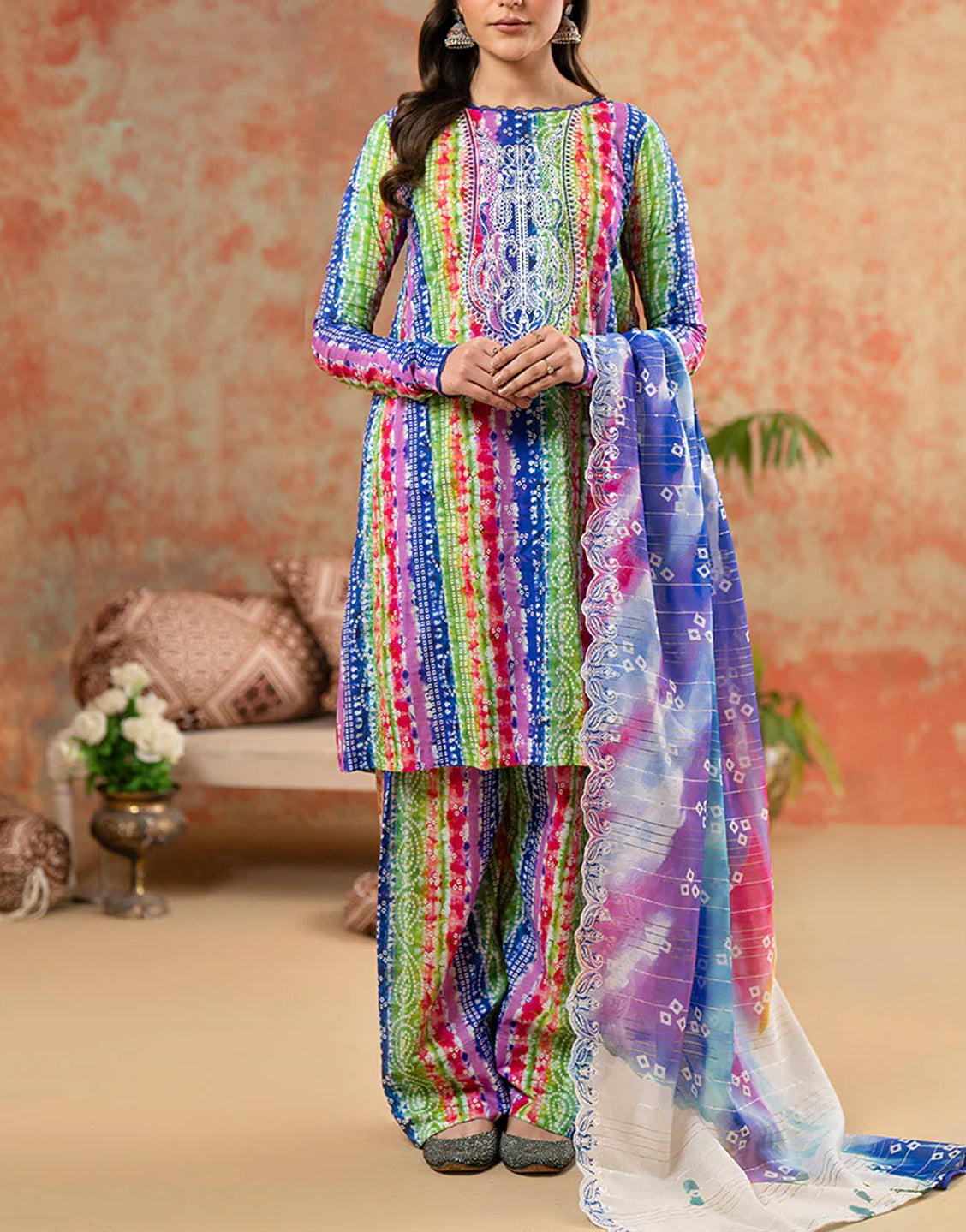 Digital All-Over Chunri Print Lawn Dress with Diamond Dupatta