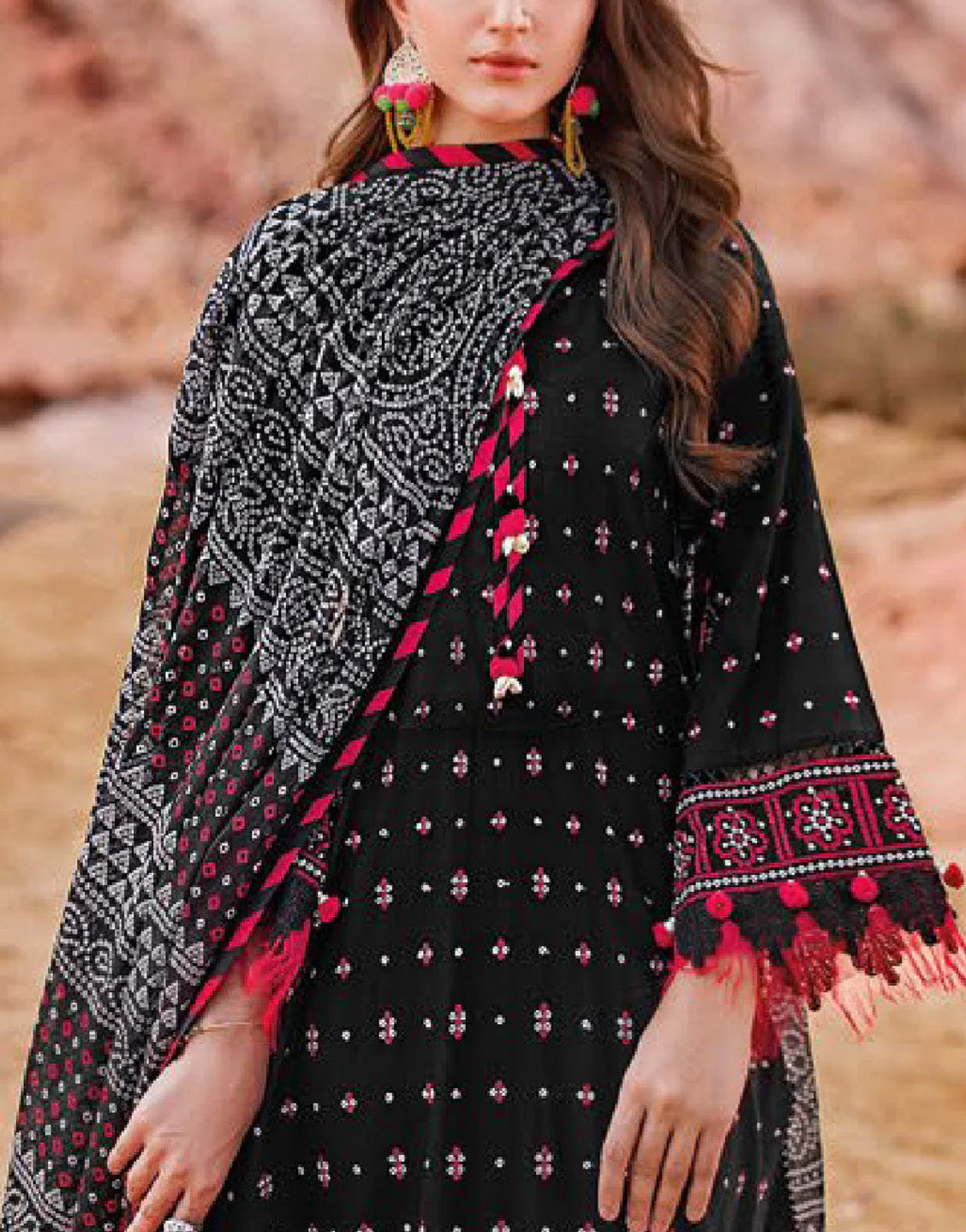 Elegant Embroidered Lawn Dress with Chunri Print Lawn Dupatta - Out of Stock