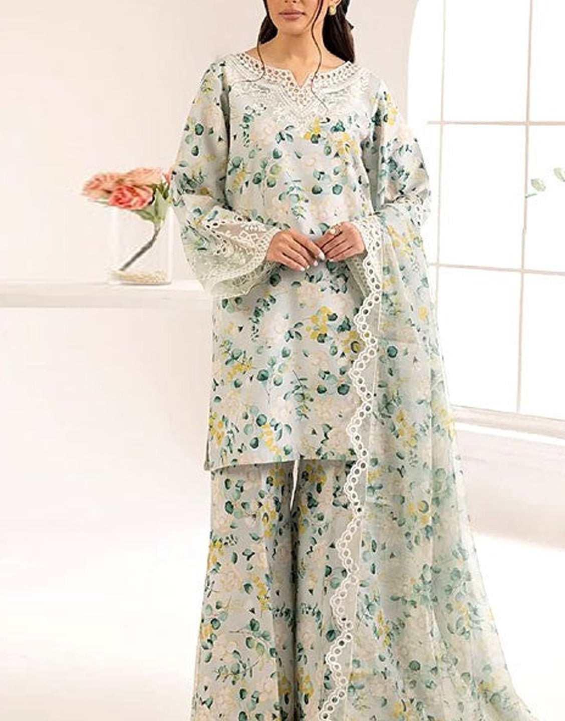 All-Over Print Embroidered Lawn Dress 2024 with Chiffon Dupatta
