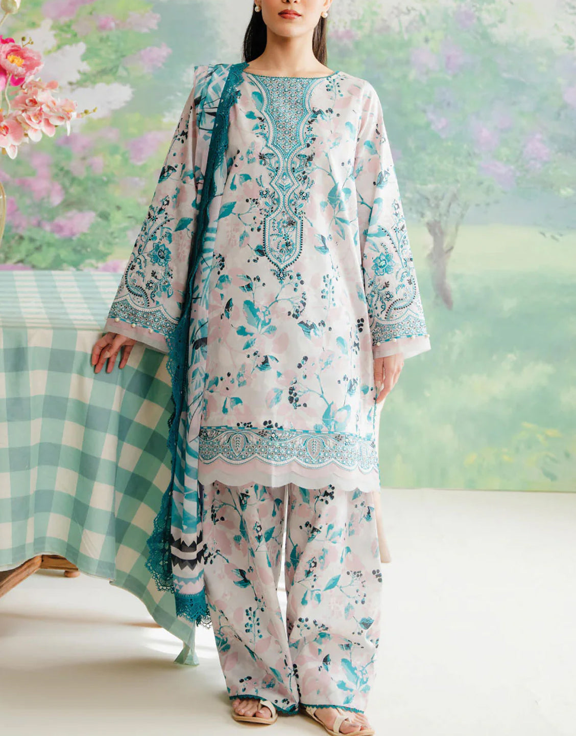 Digital All-Over Print Embroidered Lawn Dress  with Silk Dupatta