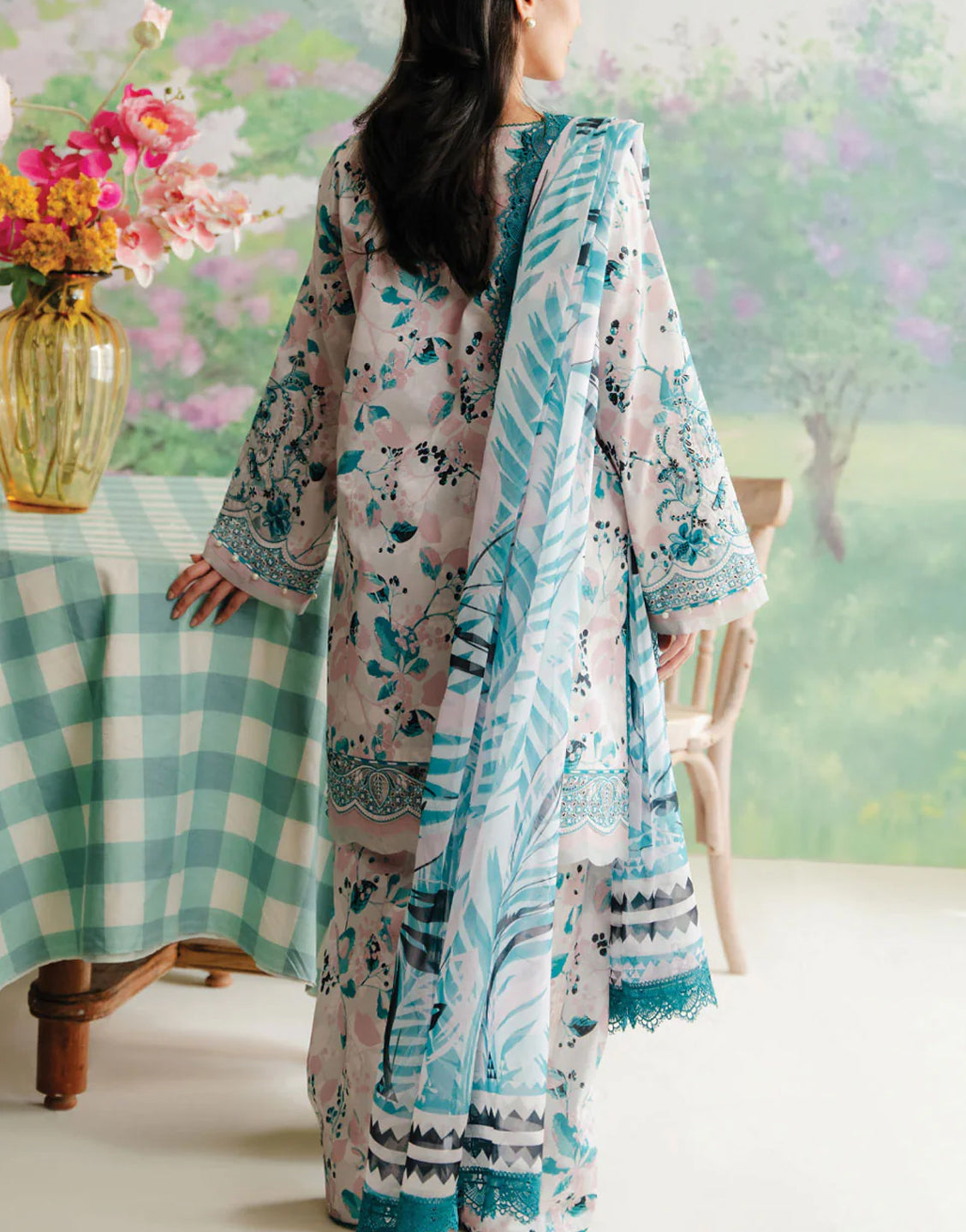 Digital All-Over Print Embroidered Lawn Dress with Silk Dupatta