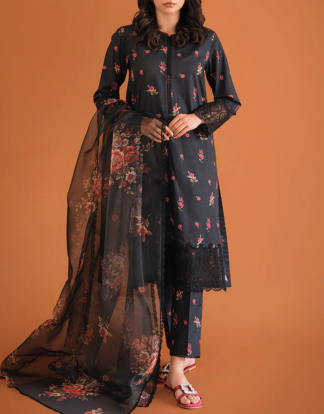 Sequins Embroidered Black Lawn Dress 2024 with Diamond Dupatta